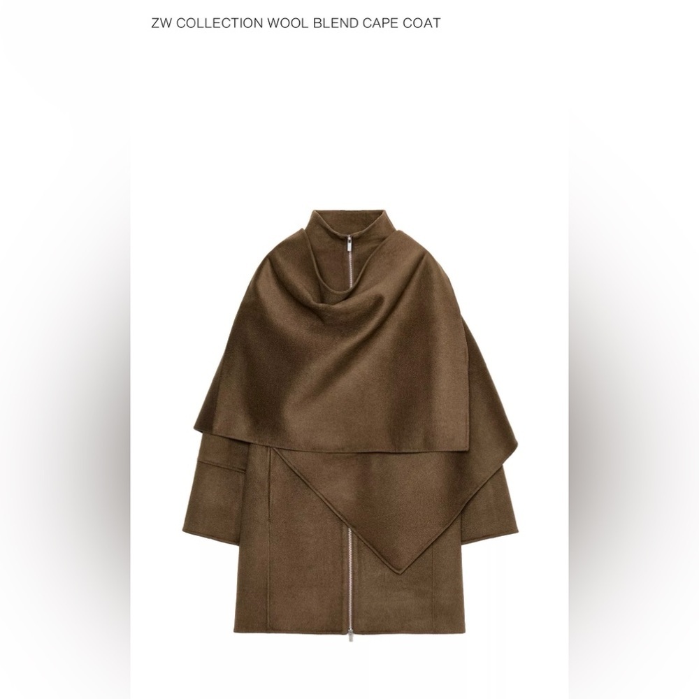 NWT Zara Collection Wool Blend Cape Coat Large Olive - Picture 2 of 5